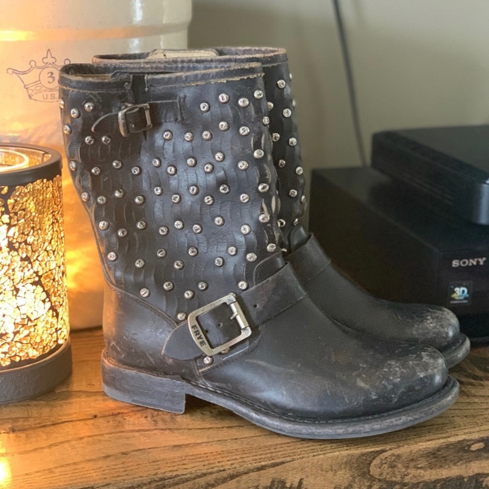 Frye Black Distressed Jenna Cut Stud Short Moto Boots